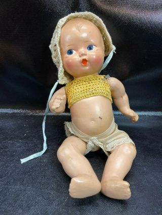 Vtg Composition 12” Doll Painted Eyes Crocheted Clothing