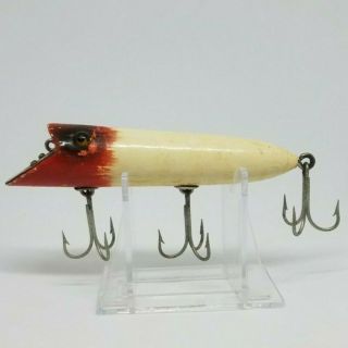 Heddon 8502 Head - On Basser White Body Red Head Hardware Replaced Wood Lure