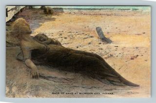 Michigan City In - Indiana,  Lady Child Sand Sculpture,  Beach,  Vintage Postcard