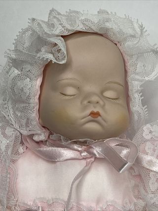 12”sleeping Baby Doll Wh &pink Gown,  Bonnet & Slippers Porcelain W/soft Body
