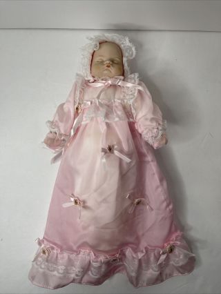 12”Sleeping Baby Doll Wh &Pink Gown,  Bonnet & Slippers Porcelain W/soft Body 2