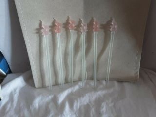 Vintage Set Of 6 Pink Elephant Frosted Glass Swizzle Sticks Cocktail Stirrers