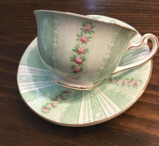 Gorgeous Adderley Tea Cup & Saucer Green Stripes Pink Roses Vintage 1947 - 1950