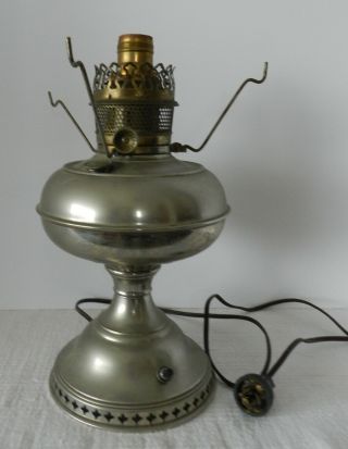 Antique Nickel Plated Oil Lamp Converted To Electric Shade Holder Old Wiring