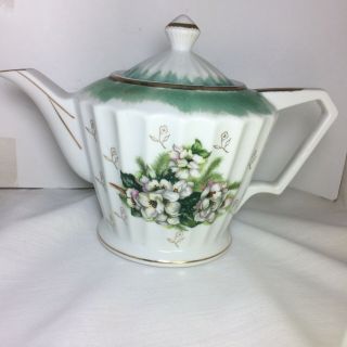 Vintage Royal Crown Fine China Tea Pot 3470 Floral Green White Gold Trim