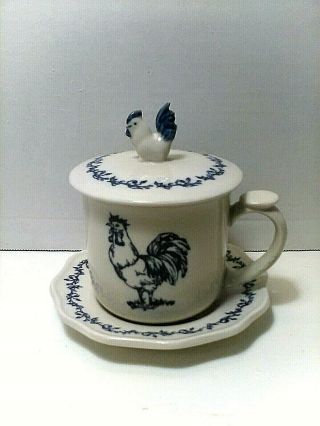 Sadek Barnyard Toile Mug Blue & White Rooster On Top Lid Dish Rare