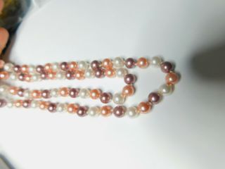 Mauve Pink White Hand Knotted Glass Faux Pearl Flapper Length Necklace Vintage