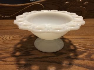 Vintage Anchor Hocking Open Lace Edge White Milk Glass Compote Candy Dish Bowl