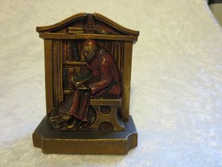 Antique Lv Aronson Single Bookend Monk Reading In Library Painted Metal Brass?