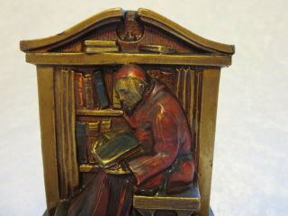 antique LV Aronson single bookend monk reading in library painted metal brass? 2