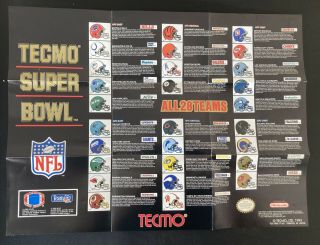 Vintage Nintendo Nes Tecmo Bowl Poster Rare - 1993