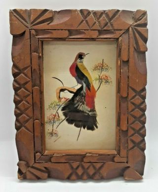 Vintage Bird Painting With Real Feathers Made In Mexico Carved Frame Folk Art 8
