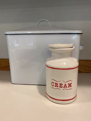 Vintage Ceramic Cream Crock With Red Trim And Lid Retro Kitchen Storage