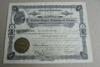 Old Vintage 1927 - Central Copper Co.  Of Arizona - Mining Stock Certificate