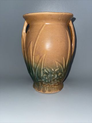 Vintage Early Mccoy Brown & Green Pottery Handled Vase Leaves,  Berries 1926 8”