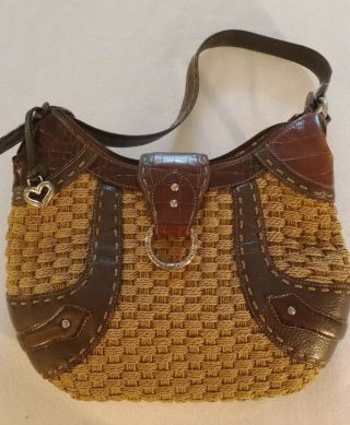 Brighton Vintage Shoulder Handbag Embossed Leather And Woven Jute - Brown - Rare