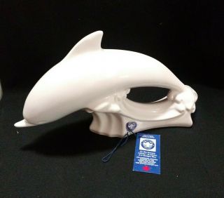 Vintage Blue Mountain Pottery Dolphin Swimming Jumping White Glaze 7.  25 x12.  25 