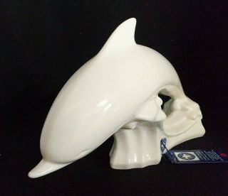 Vintage Blue Mountain Pottery Dolphin Swimming Jumping White Glaze 7.  25 x12.  25 