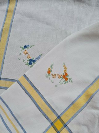 1930s Art Deco Hollyhocks Hand Embroidered Tablecloth Linen Vintage