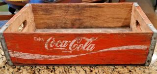 Vintage Enjoy Coca - Cola Wood Crate Bottle Carrier White On Red Coke Cwooden Tray
