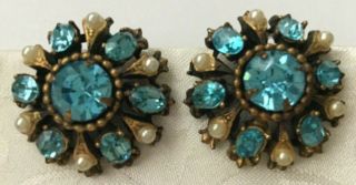 Vintage Mid Century Signed Coro Aquablue Rhinestones & Pearls Clipon Earrings