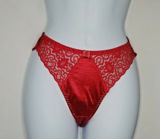 Nos Vintage 90s Hi - Cut Brief Panties Red Silky Nylon Satin Embroidered Small / 5