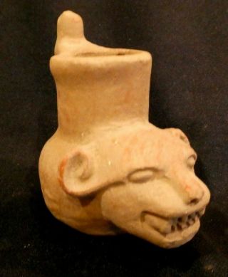 Pre Columbian Myan Incan Pottery Terra Cotta Clay Handled Vessel Cat Peruvian