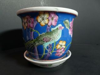 Vintage Asian Style Ceramic Flower Pot Birds,  Flowers - 4.  5 " Tall 5.  5 " Dia