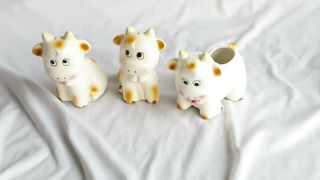 Vintage Cute Ceramic Cow Salt And Pepper Shakers With Toothpick Holder