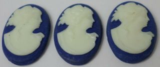 3 - 20x14mm Antique French Dark Blue/white Porcelain Right Victorian Woman Cameo