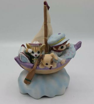Vintage Jody Bergsma Porcelain Figurine Music Box Child Cat Dog On Boat 1985