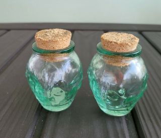 Vintage 2 Small Glass Green Clear Bottles With Cork Top Tiny Bottles Jars Spices