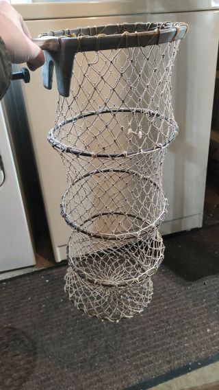 Vintage Fishing Metal Wire Keeper Net,  Live Bait Basket Tiered Cage Collapsible
