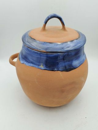 Vintage Blue Glazed Red Clay Pottery Jar With Handled Lid