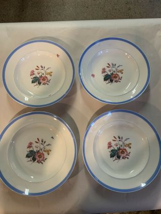 Haviland Limoges Set Of 4 Large Soup Bowls Hand Painted Pink Floral & Blue Trim
