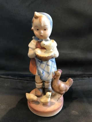 Vintage Porcelain Figurine Farm Girl Feeding Chickens Hand Painted Euc