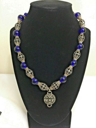 Vintage Silver Filigree And Cobalt Blue Glass Beaded Necklace Antique Style