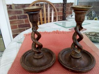 Antique Barley Twist Wooden Candle Holders X 2 Later Sconces Attached Drip Trays