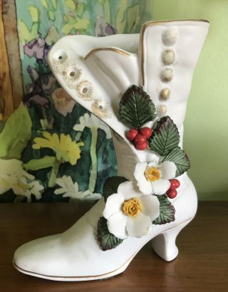 Vintage Victorian Ceramic Boot Planter Christmas Floral Bisque E - 822 Japan White