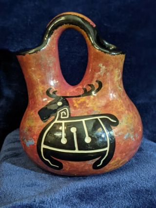 Mana Usa Pottery Wedding Vase Native American Deer Signed 6” X 5”