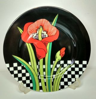 Set Of 4 Fitz And Floyd Jardin Rouge Plates Black And White Check Red Flowers