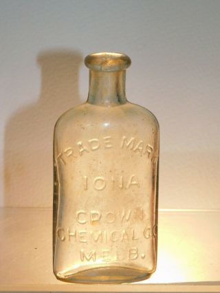 Antique Bottle Rare Iona Crown Chemical Co Melbourne 2 Oz Old Bottle C1915