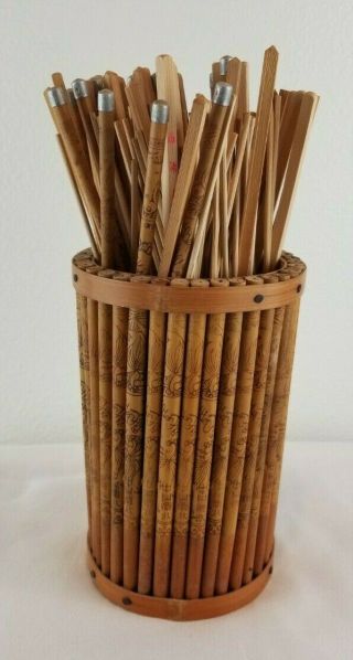 Asian Oriental Wooden Bamboo Etched Chop Sticks Metal End,  Skewers Holder Vtg