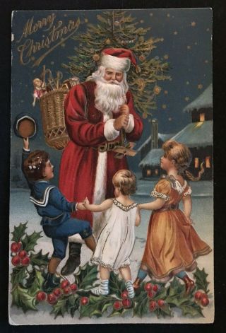 Santa Claus With Happy Children Toys Antique 1907 Christmas Postcard - H646