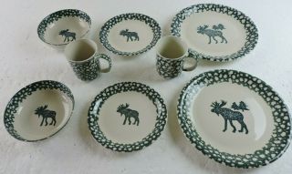 Folk Craft Moose Country By Tienshan Set For 2 Dinner Salad Plates Bowls Mugs