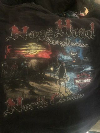 Vtg Harley Davidson Motorcycle Black T - Shirt Nags Head North Carolina Skeleton L