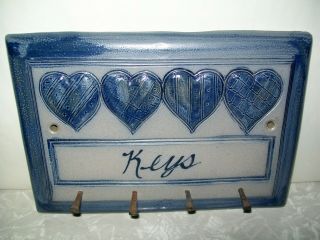 Vintage 1996 Rowe Pottery Wall Plaque Keys Holder.  Salt Glaze.  Hearts.  Nr