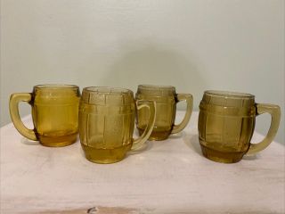 Set Of 4 Vintage Amber Mini Beer Barrel Mug Shot Glass W/handle