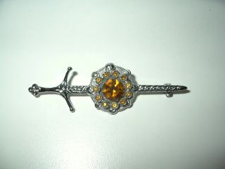Vintage Mizpah Silvertone & Topaz Crystal Sword Scotland Celtic Kilt Brooch Pin