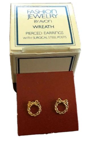 Vintage Avon Earrings Gold Christmas Wreath Pierced Surgical Steel Posts Nib